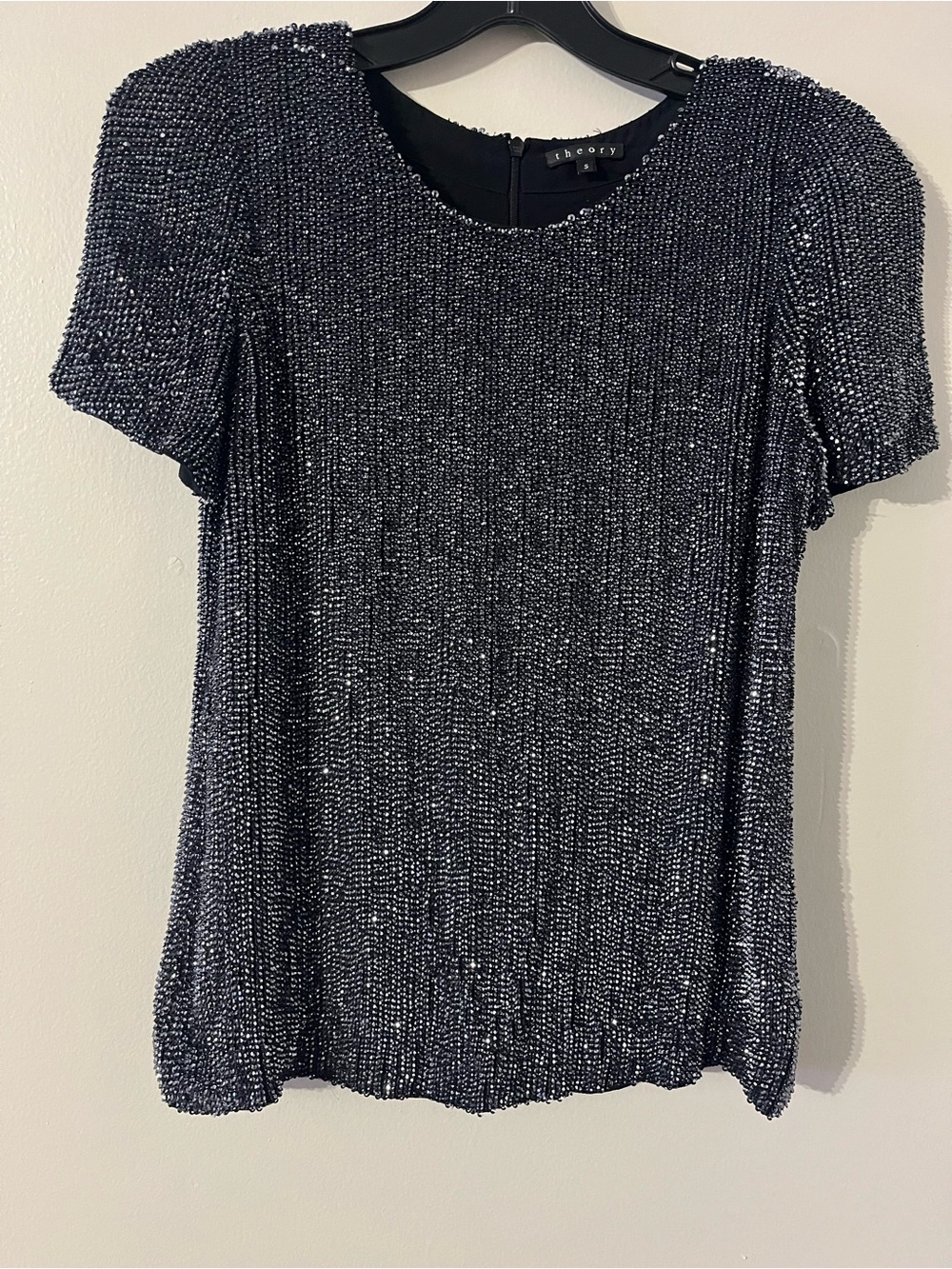 Theory Black Short Sleeve Fully Beaded Sequin Blouse Evening Party Top Sz S